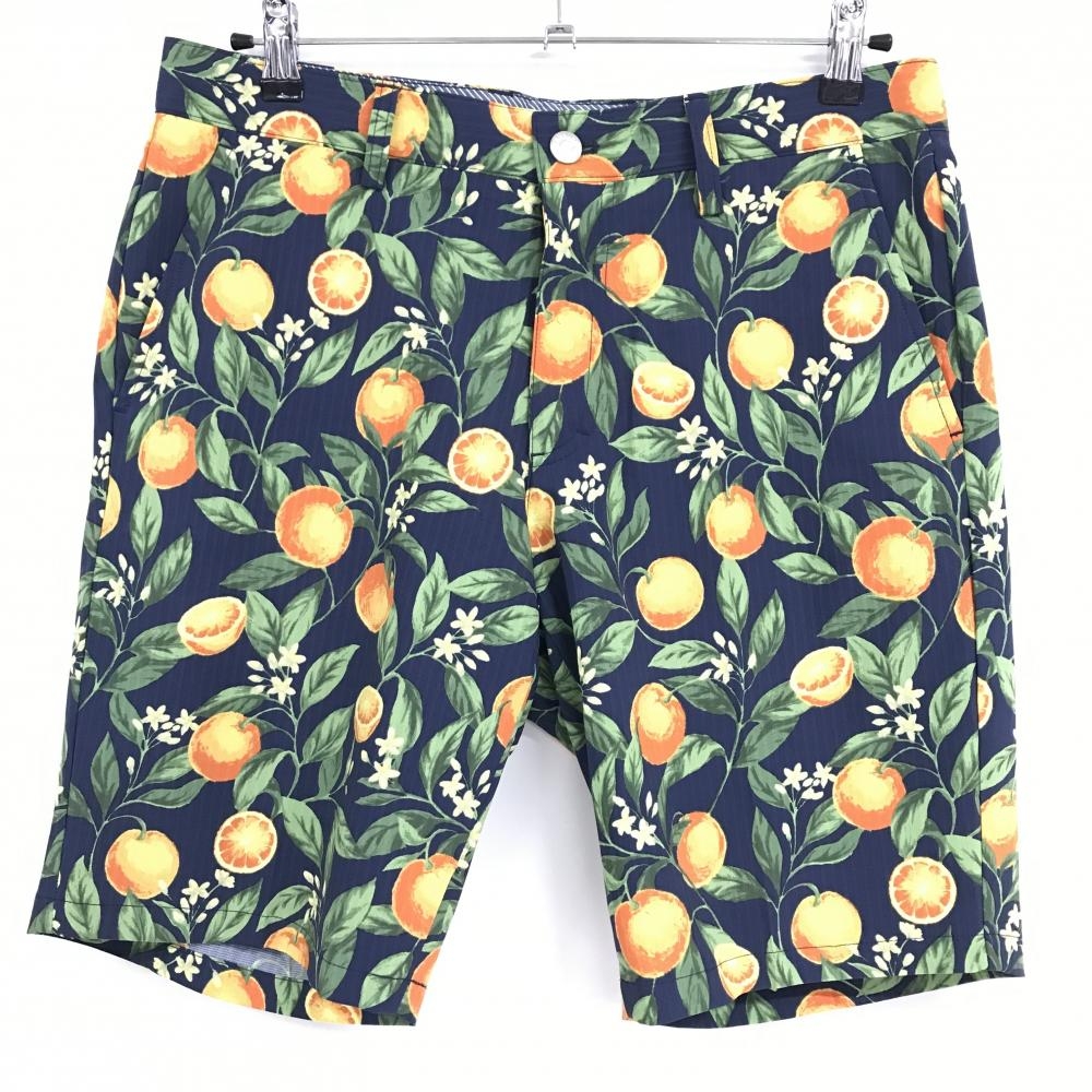 【超美品】キャロウェイ ハーフパンツ ネイビー×オレンジ オレンジ総柄 ストライプ地模様  メンズ L ゴルフウェア Callaway