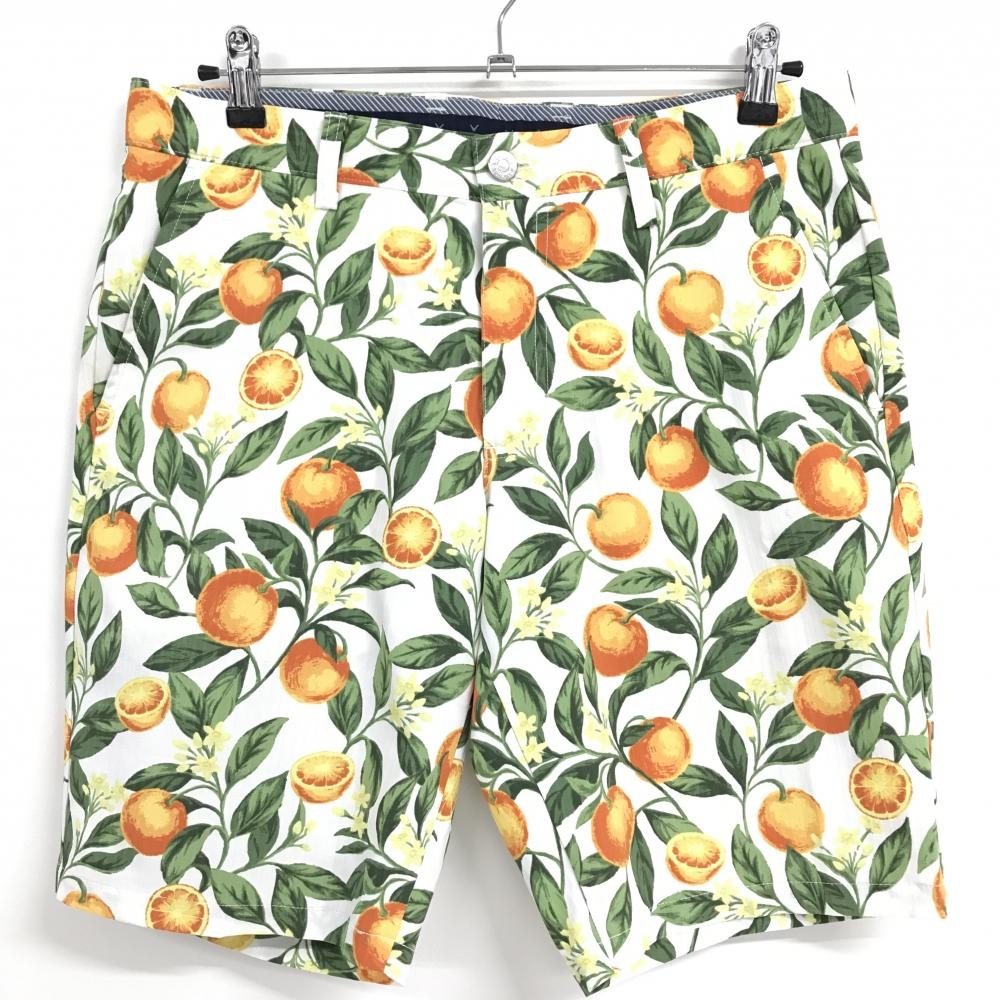 【美品】キャロウェイ ハーフパンツ 白×オレンジ オレンジ総柄 ストライプ地模様 メンズ L ゴルフウェア Callaway