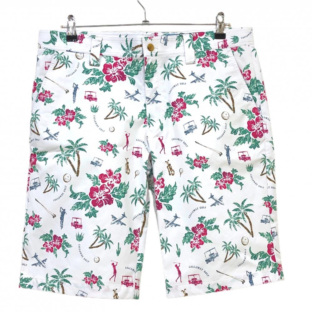 【新品】キャロウェイ ハーフパンツ 白×グリーン×ボルドー系 総柄 ヤシの木 花  メンズ LL ゴルフウェア Callaway