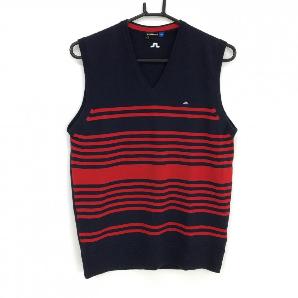 【超美品】ジェイリンドバーグ ニットベスト ネイビー×レッド 前ボーダー ウール100％ Vネック メンズ M ゴルフウェア J．LINDEBERG