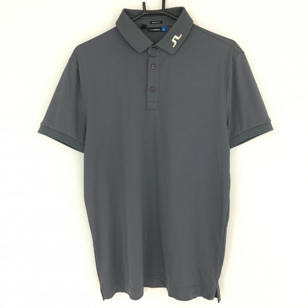 【美品】ジェイリンドバーグ 半袖ポロシャツ グレー×白 バックロゴ REGULAR FIT メンズ M ゴルフウェア J．LINDEBERG