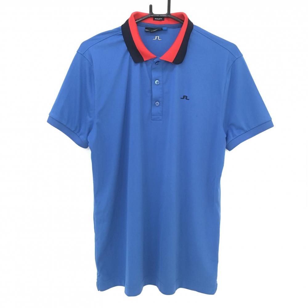 ジェイリンドバーグ 半袖ポロシャツ ブルー×レッド ロゴ刺しゅう メンズ L ゴルフウェア J．LINDEBERG