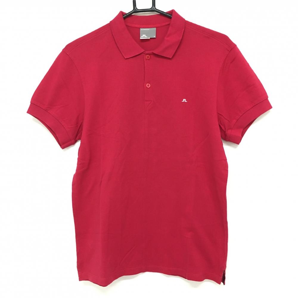 【美品】ジェイリンドバーグ 半袖ポロシャツ レッド シンプル 白ロゴ コットン100％ メンズ M ゴルフウェア J．LINDEBERG