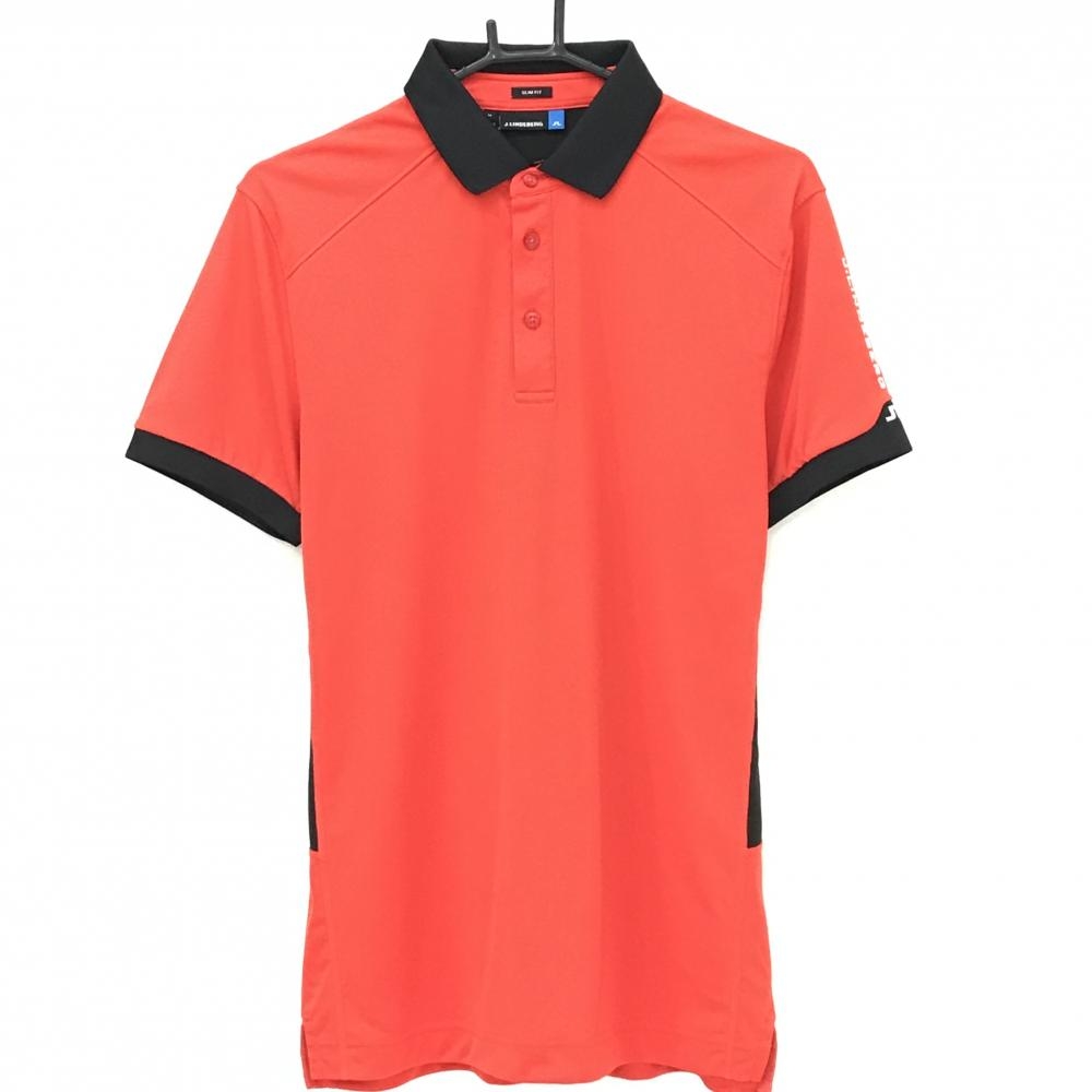 【美品】ジェイリンドバーグ 半袖ポロシャツ レッド×黒 背面・脇下メッシュ調 ロゴ刺しゅう  メンズ M ゴルフウェア J．LINDEBERG