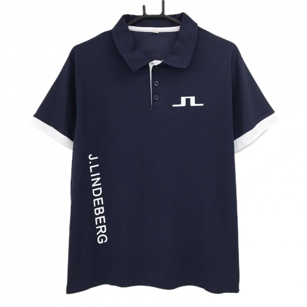 【美品】ジェイリンドバーグ 半袖ポロシャツ ネイビー×白 サイド英字ロゴ メンズ L ゴルフウェア J．LINDEBERG