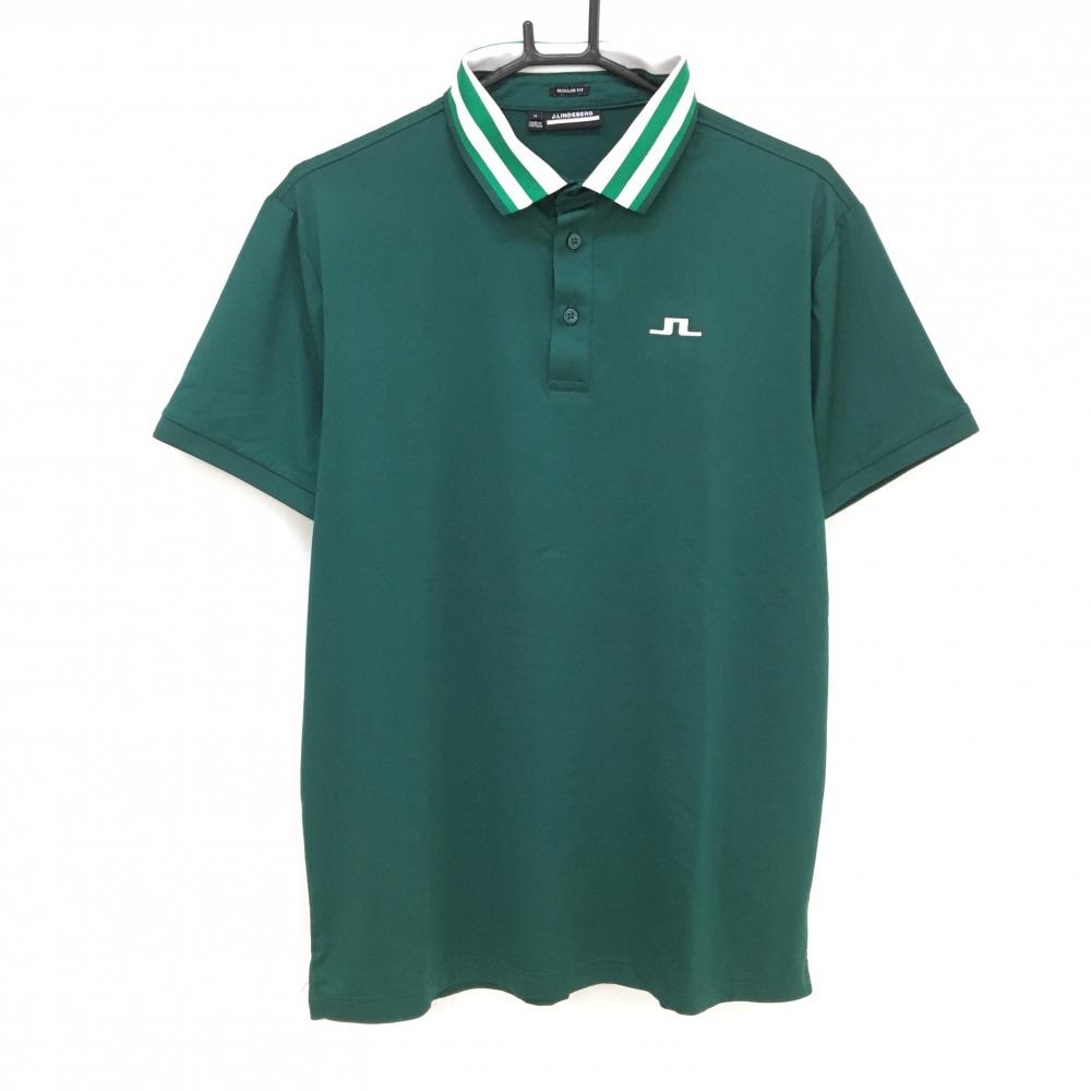 【超美品】ジェイリンドバーグ 半袖ポロシャツ グリーン×白 襟ボーダー  メンズ M ゴルフウェア J．LINDEBERG