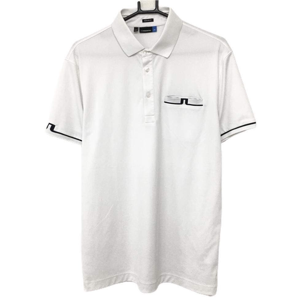 【美品】ジェイリンドバーグ 半袖ポロシャツ 白×黒 ポケット口ロゴ メンズ L ゴルフウェア J．LINDEBERG