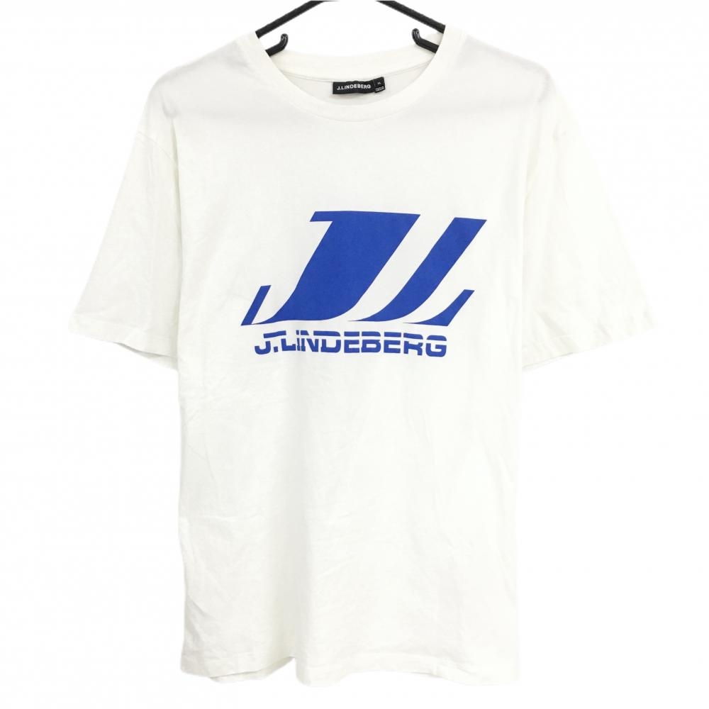 【美品】ジェイリンドバーグ Tシャツ 白×ブルー フロントプリント メンズ XL ゴルフウェア J．LINDEBERG