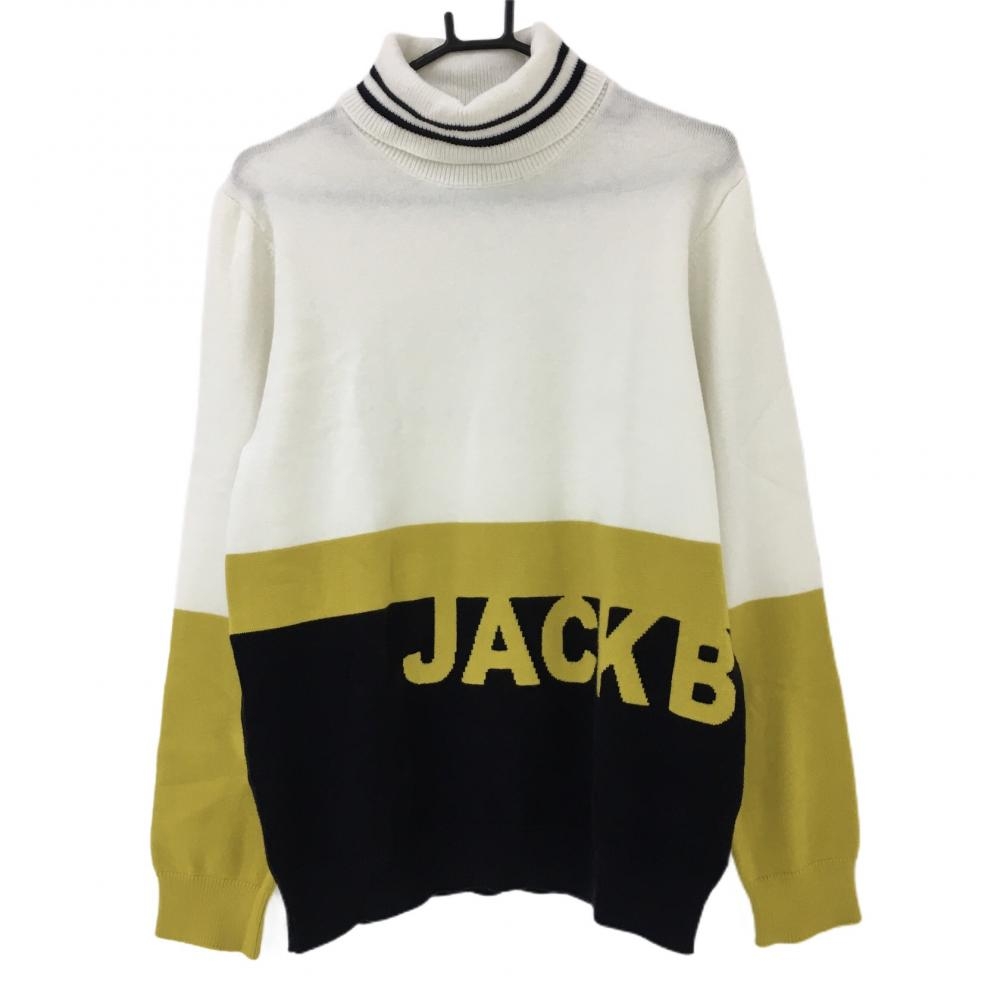 【美品】ジャックバニー タートルネックセーター 白×マスタードイエロー ニット メンズ 6(XL) ゴルフウェア Jack Bunny