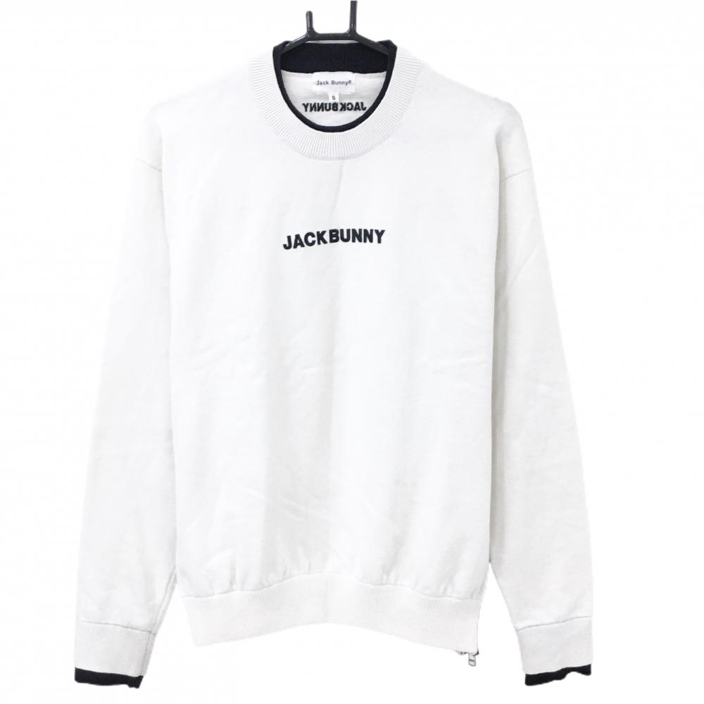 【超美品】ジャックバニー セーター 白×黒 ロゴ刺しゅう サイドジップ 重ね着風 メンズ 5(L) ゴルフウェア Jack Bunny