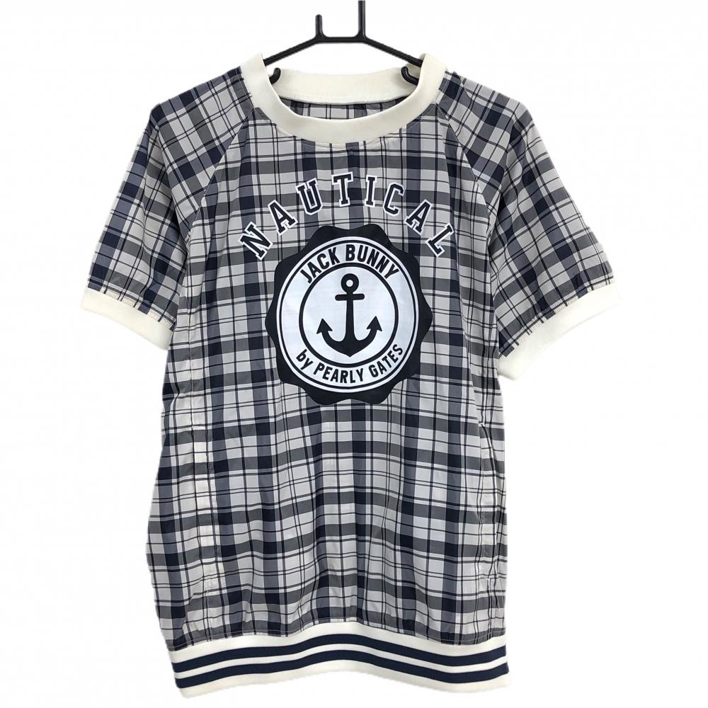 【美品】ジャックバニー 半袖スニード 白×ダークネイビー チェック 薄手 イカリ ブルゾン メンズ 4(M) ゴルフウェア Jack Bunny