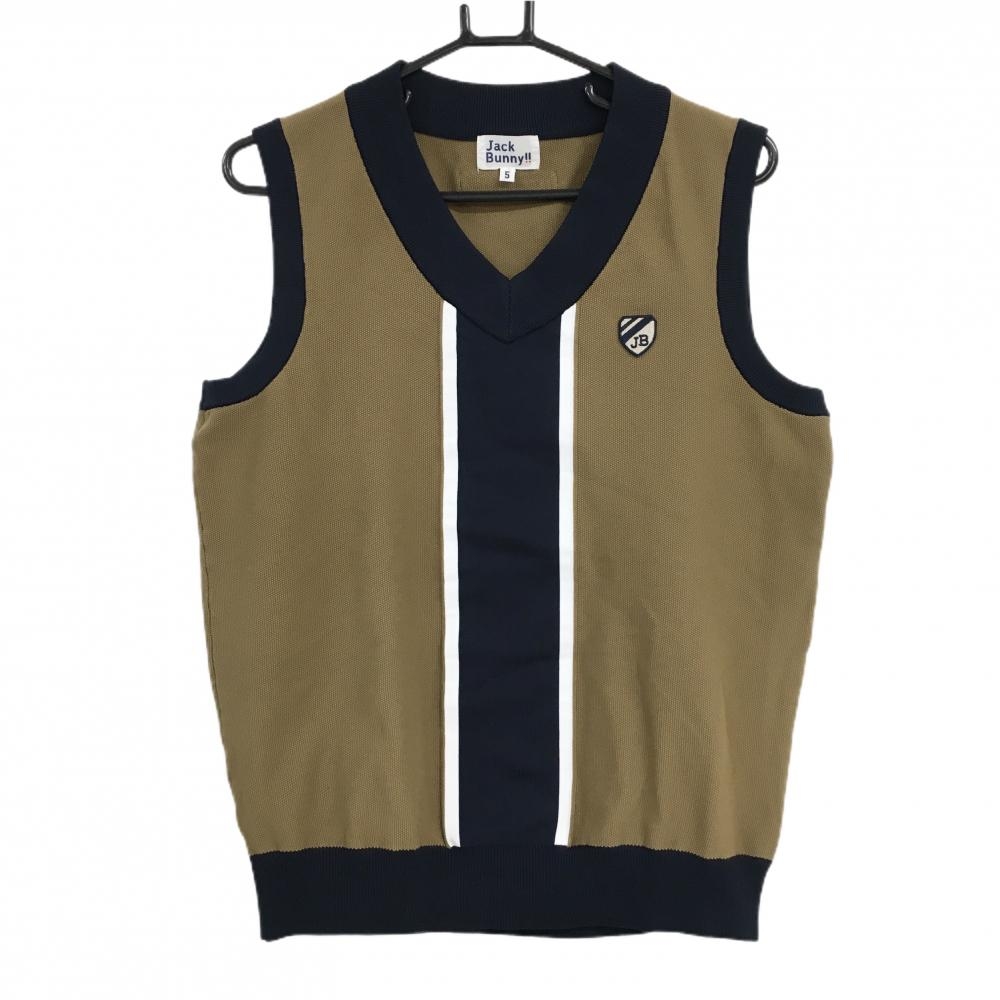 【超美品】ジャックバニー ニットベスト ブラウン×ネイビー フロントライン Vネック ワッペン メンズ 5(L) ゴルフウェア Jack Bunny