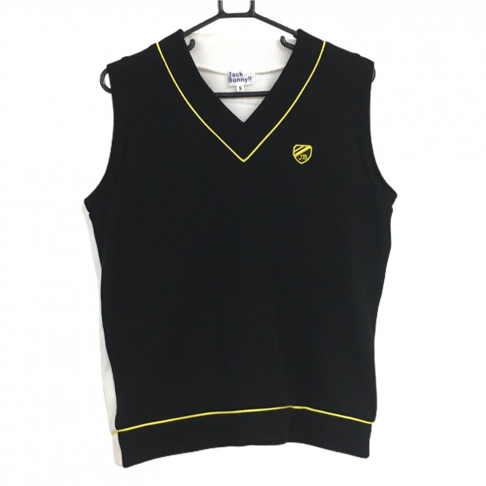 【美品】ジャックバニー ニットベスト 黒×白 ロゴイエロー Vネック メンズ 5(L) ゴルフウェア Jack Bunny