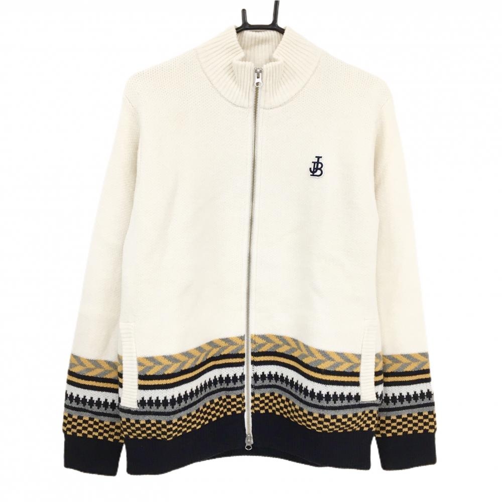 【超美品】ジャックバニー ニットジャケット 白×オレンジイエロー×黒 下部柄 ウール混 裏地付き メンズ 5(L) ゴルフウェア Jack Bunny