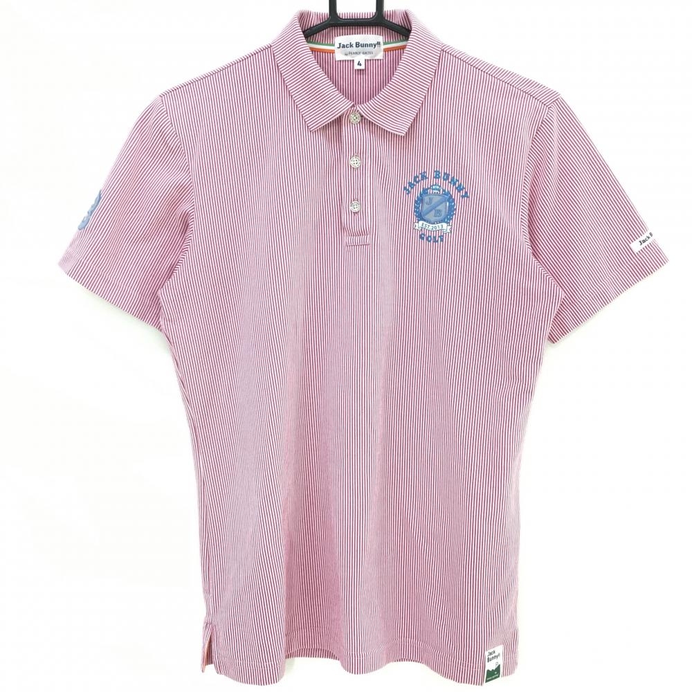 【美品】ジャックバニー 半袖ポロシャツ ピンク×白 ストライプ コットン混 日本製 メンズ 4(M) ゴルフウェア Jack Bunny