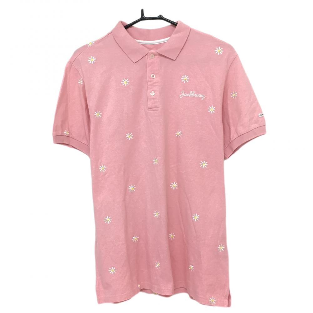 ジャックバニー 半袖ポロシャツ ピンク×白 花総柄刺しゅう コットン100％ メンズ 6(XL) ゴルフウェア Jack Bunny