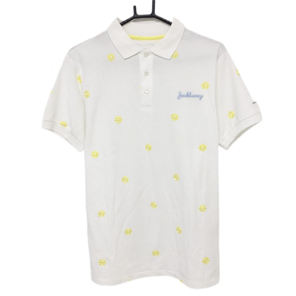 ジャックバニー 半袖ポロシャツ 白×イエロー 花総柄刺しゅう コットン100％  メンズ 6(XL) ゴルフウェア Jack Bunny