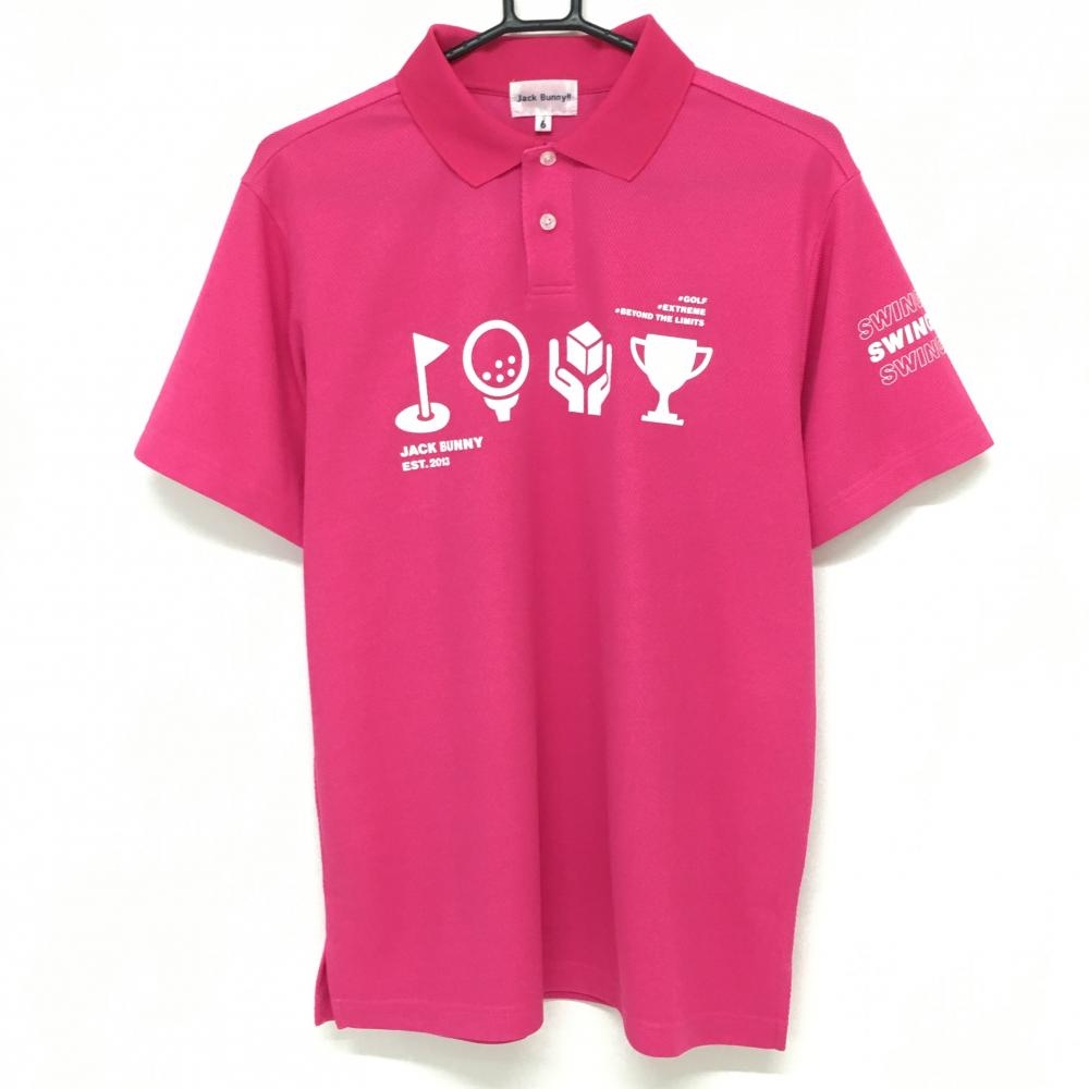 【超美品】ジャックバニー 半袖ポロシャツ ピンク×白 胸元ビッグワッペン メンズ 6(XL) ゴルフウェア 2022年モデル Jack Bunny