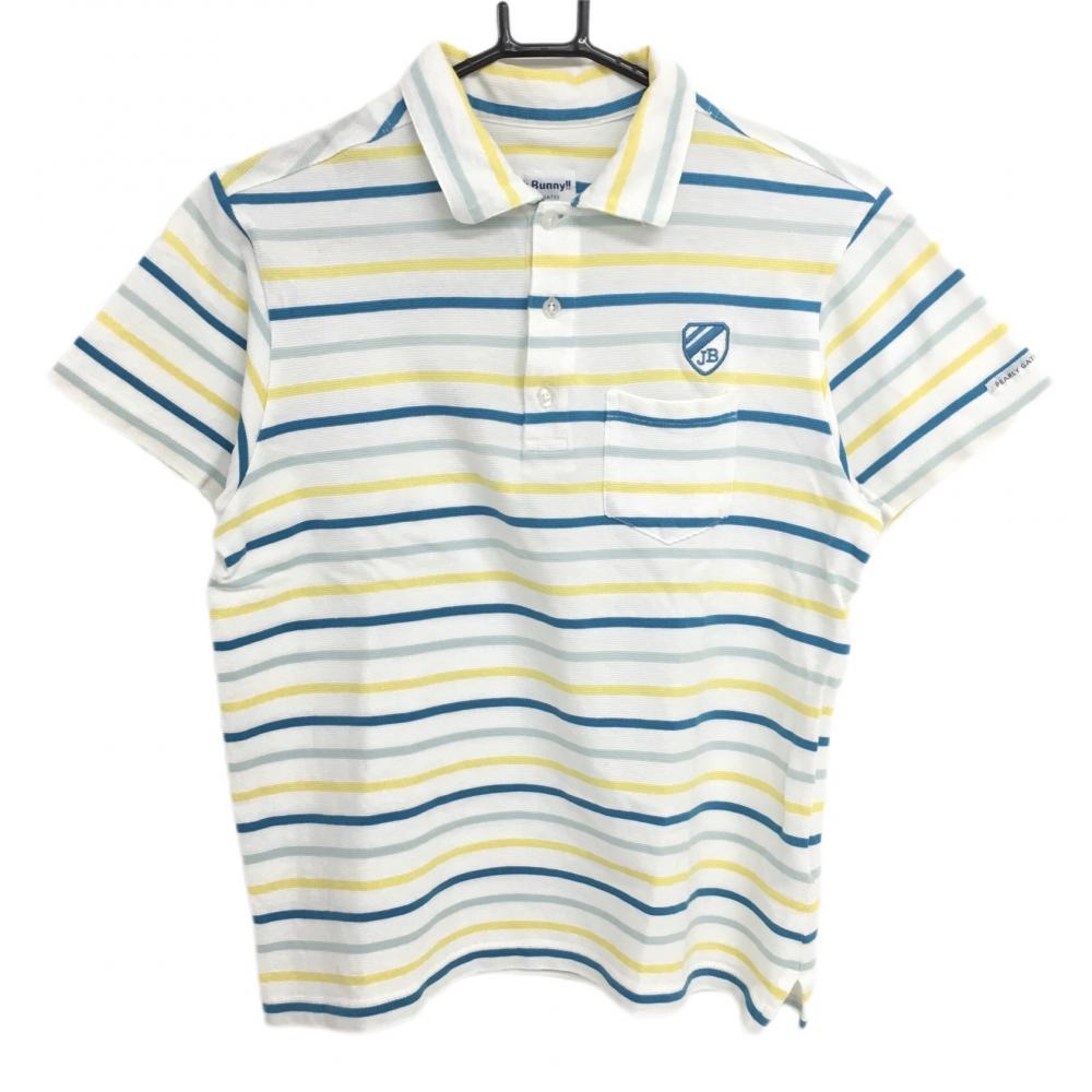 ジャックバニー 半袖ポロシャツ 白×ブルー×イエロー ボーダー メンズ 4(M) ゴルフウェア Jack Bunny
