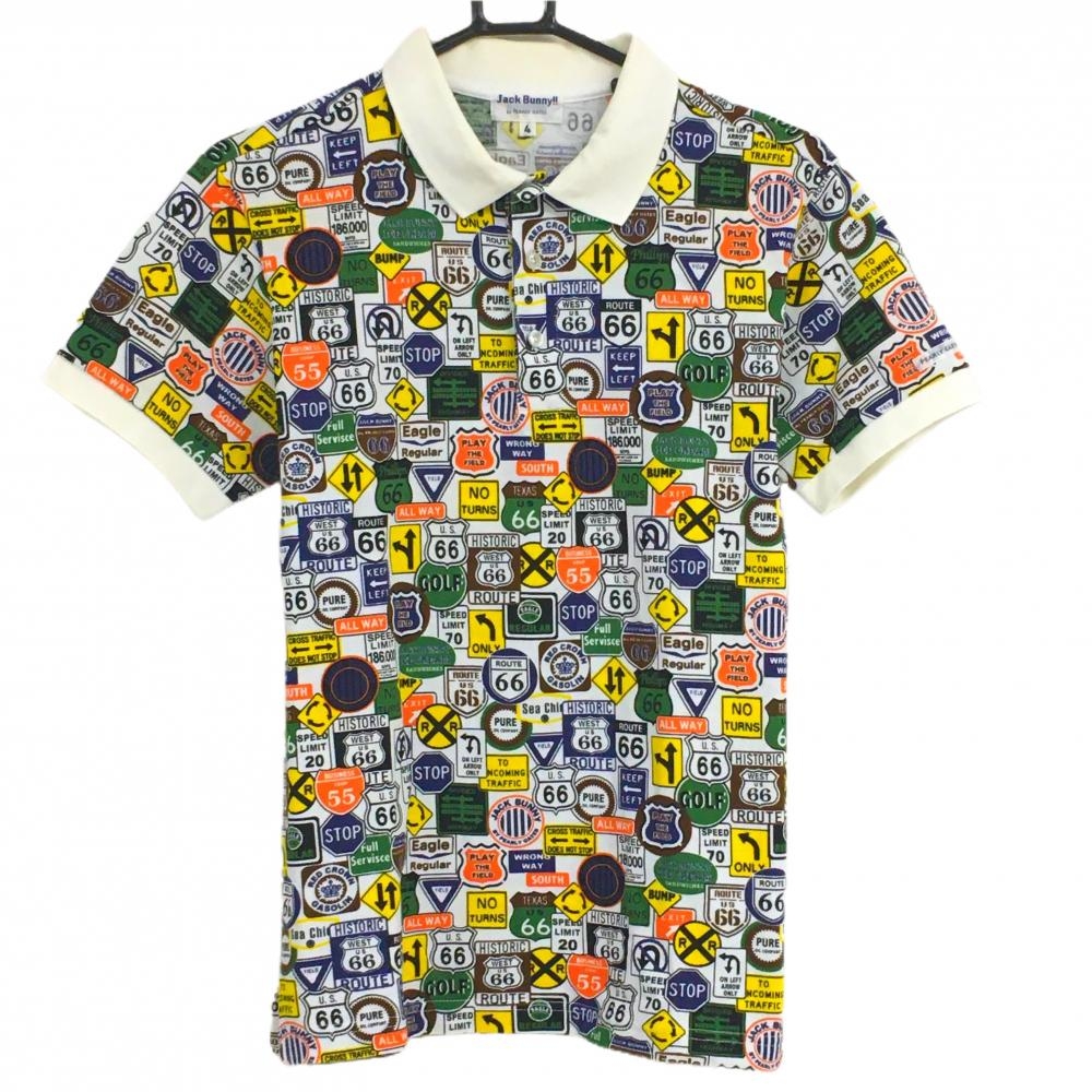 【美品】ジャックバニー 半袖ポロシャツ 白×マルチカラー 標識総柄 メンズ 4(M) ゴルフウェア Jack Bunny