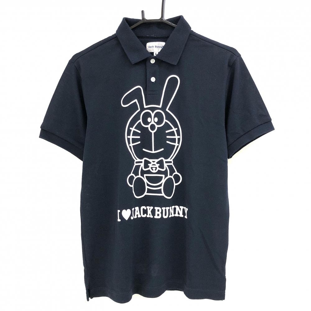 【美品】ジャックバニー×ドラえもん 半袖ポロシャツ ネイビー×白 ビッグうさ耳ドラえもん メンズ 4(M) ゴルフウェア Jack Bunny