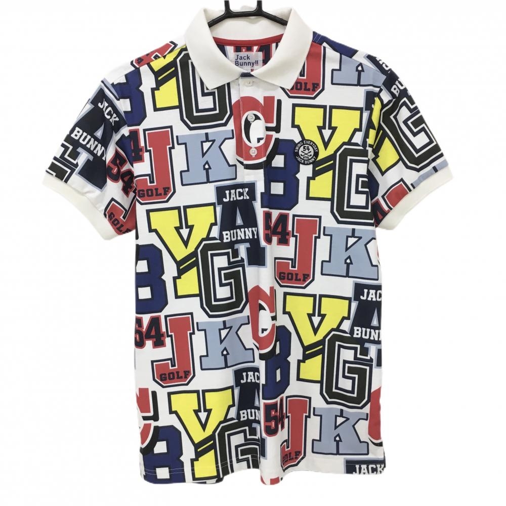【美品】ジャックバニー 半袖ポロシャツ 白×マルチカラー アルファベット総柄 ロゴワッペン メンズ 4(M) ゴルフウェア Jack Bunny