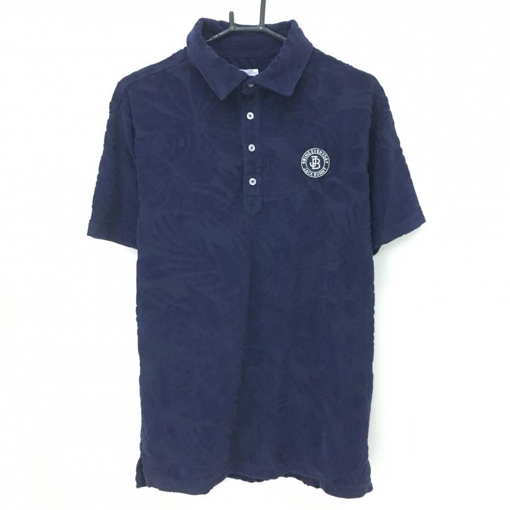 【美品】ジャックバニー 半袖ポロシャツ ネイビー リーフ柄織生地 パイル地 メンズ 6(XL ) ゴルフウェア Jack Bunny