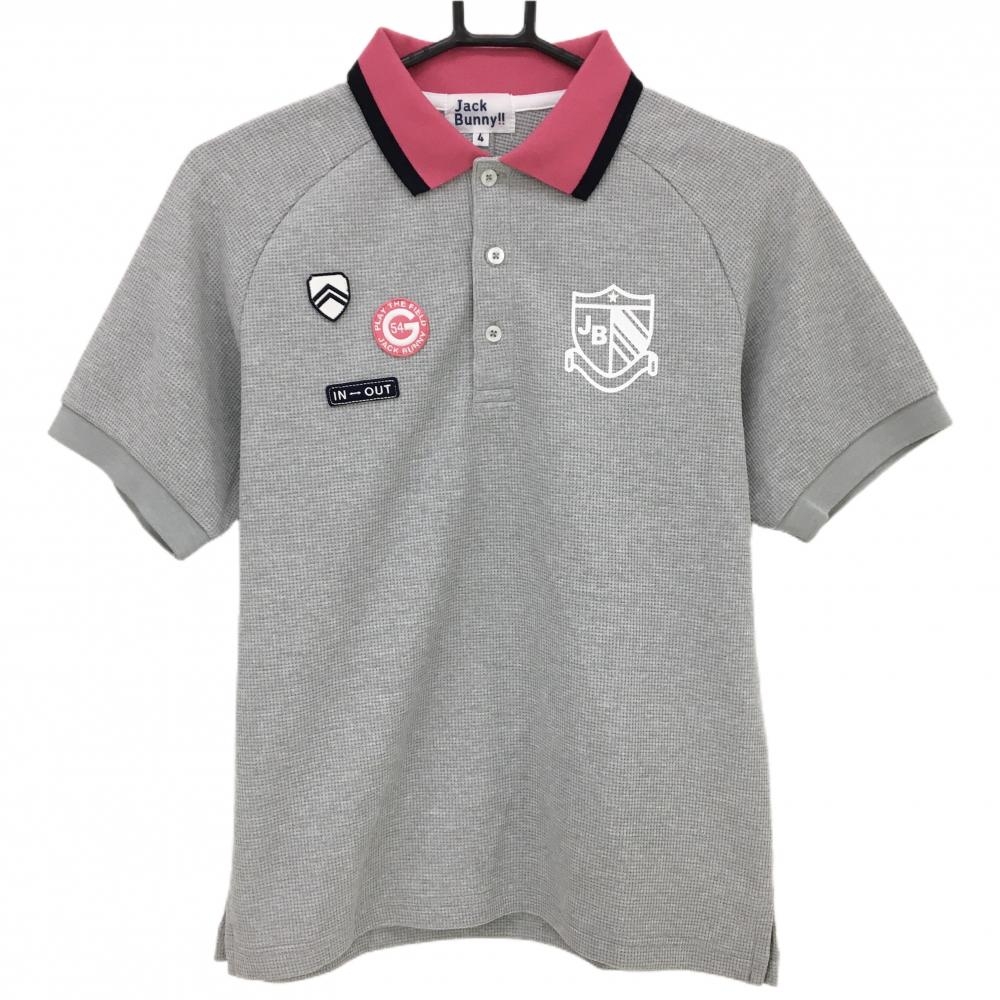 【超美品】ジャックバニー 半袖ポロシャツ グレー 織生地 襟ピンク メンズ 4(M) ゴルフウェア Jack Bunny