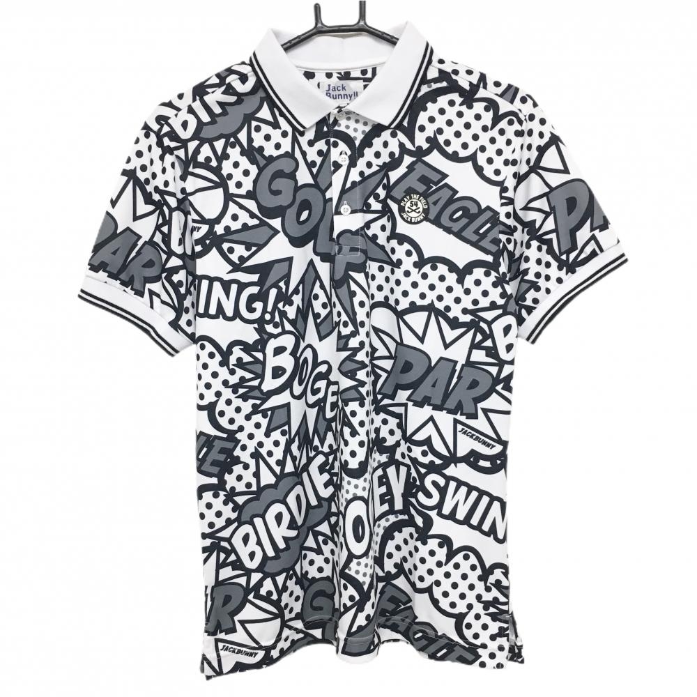 【新品】ジャックバニー 半袖ポロシャツ 白×黒 総柄 吸水速乾 シリコンワッペン メンズ 4(M) ゴルフウェア Jack Bunny