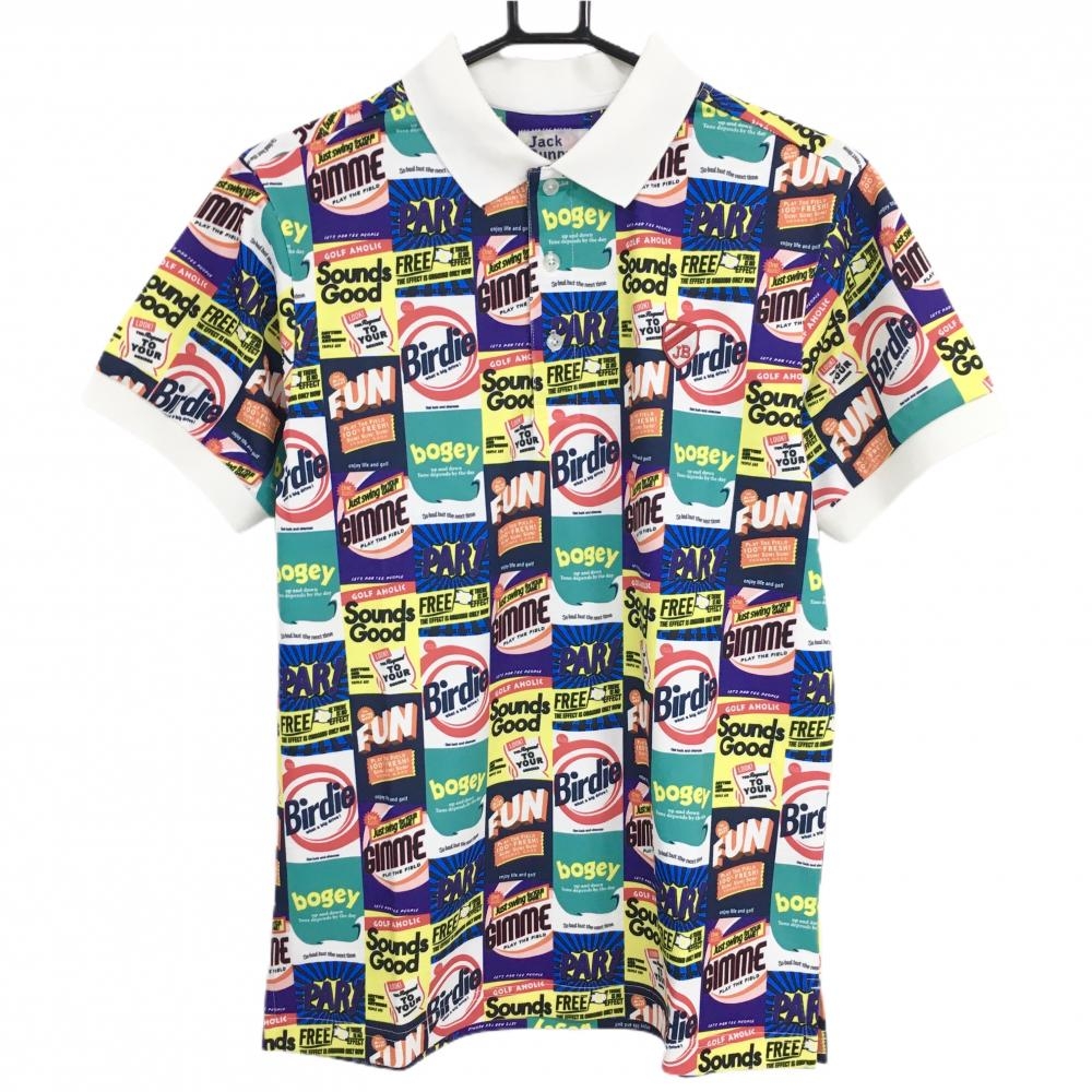 【新品】ジャックバニー 半袖ポロシャツ マルチカラー 総柄 吸水速乾 UVカット メンズ 4(M) ゴルフウェア Jack Bunny