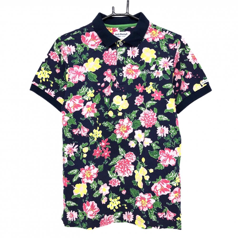 【超美品】ジャックバニー 半袖ポロシャツ ネイビー×ピンク×イエロー 花柄 コットン100％ メンズ 4(M) ゴルフウェア Jack Bunny