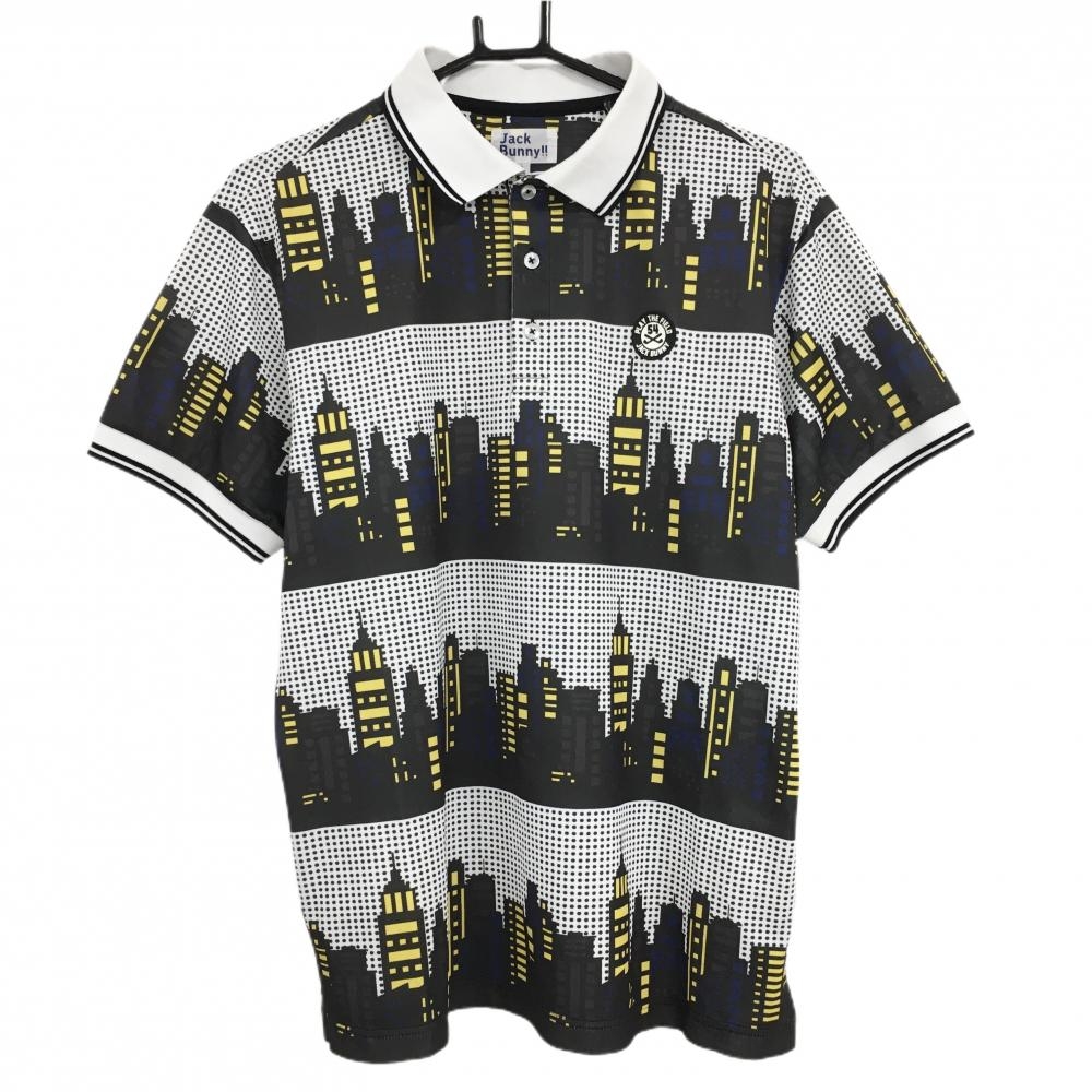 ジャックバニー 半袖ポロシャツ 白×黒 シティ柄 ドット シリコンワッペン  メンズ 6(XL) ゴルフウェア Jack Bunny