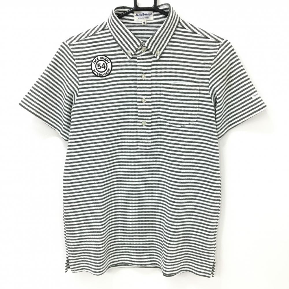 ジャックバニー 半袖ポロシャツ 白×グレー ボーダー ワッペン  メンズ 4(M) ゴルフウェア Jack Bunny