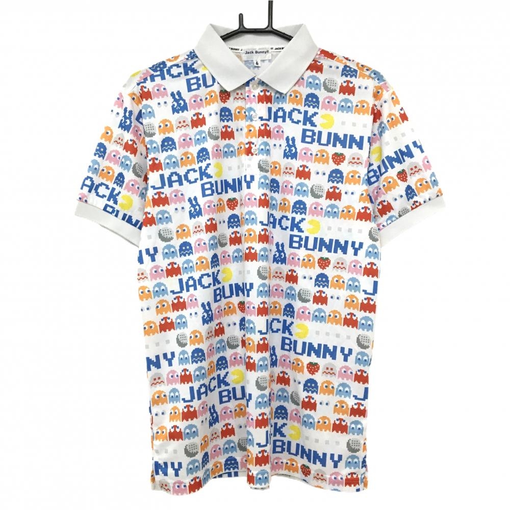 【超美品】ジャックバニー×パックマン 半袖ポロシャツ 白×マルチカラー PAC-MAN 総柄  メンズ 6(XL) ゴルフウェア Jack Bunny