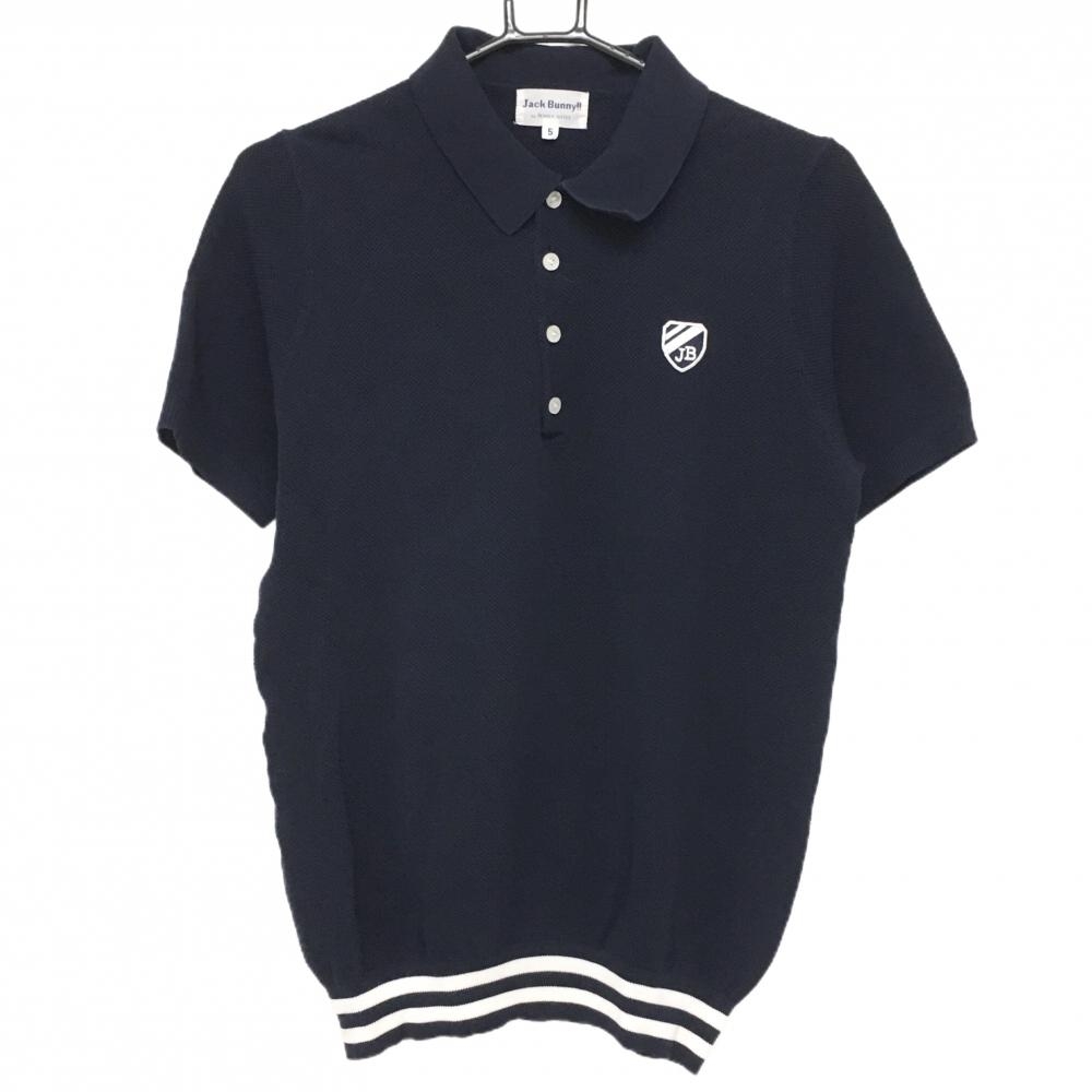 【美品】ジャックバニー 半袖ポロシャツ ネイビー×白 裾ライン 胸ロゴ  メンズ 5(L) ゴルフウェア Jack Bunny
