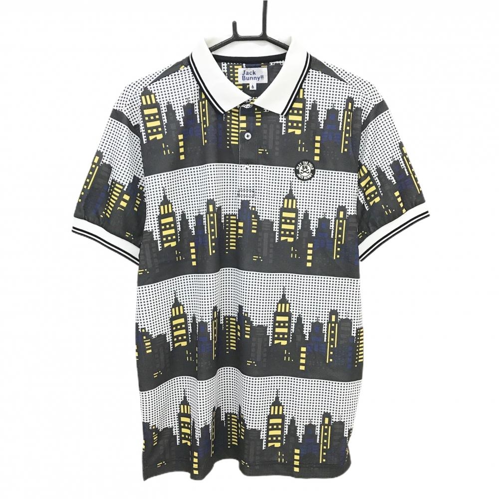 【超美品】ジャックバニー 半袖ポロシャツ 白×黒×イエロー 総柄 ドット×ビル柄  メンズ 6(XL) ゴルフウェア Jack Bunny