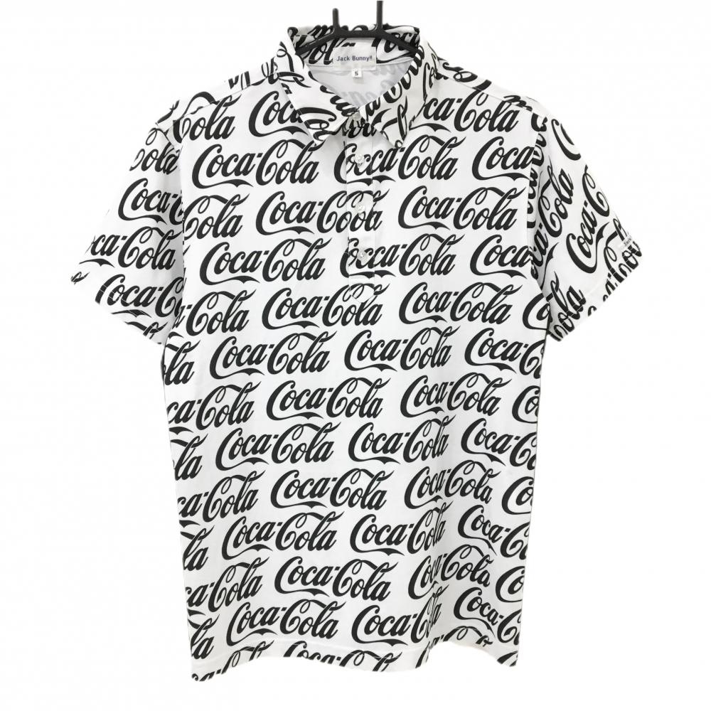【超美品】ジャックバニー×コカ・コーラ 半袖ポロシャツ 白×黒 ロゴ総柄 サイドロゴ  メンズ L ゴルフウェア Jack Bunny