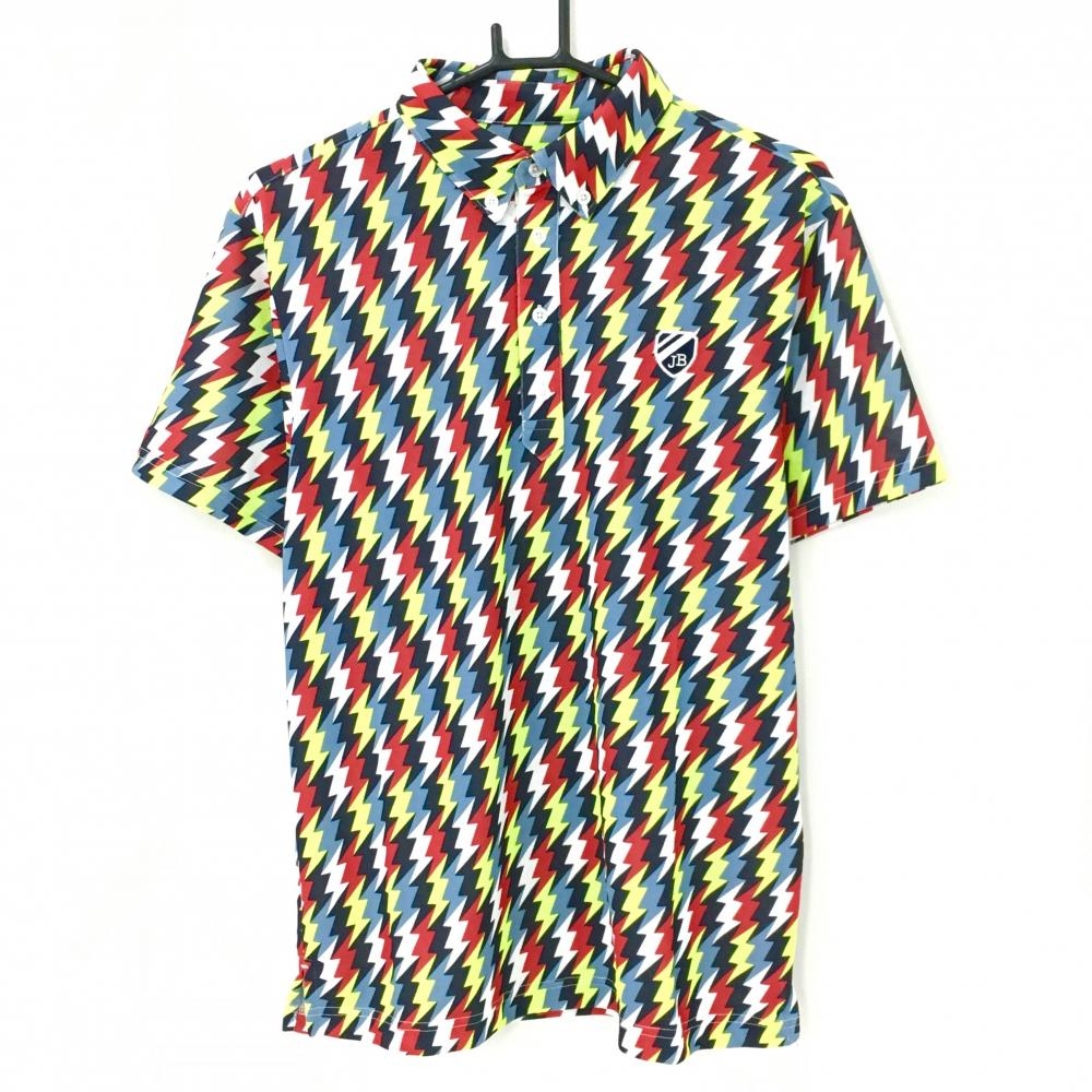 【新品】ジャックバニー 半袖ポロシャツ グレー×ダークネイビー×イエロー 稲妻総柄 ボタンダウン メンズ 5(L) ゴルフウェア Jack Bunny