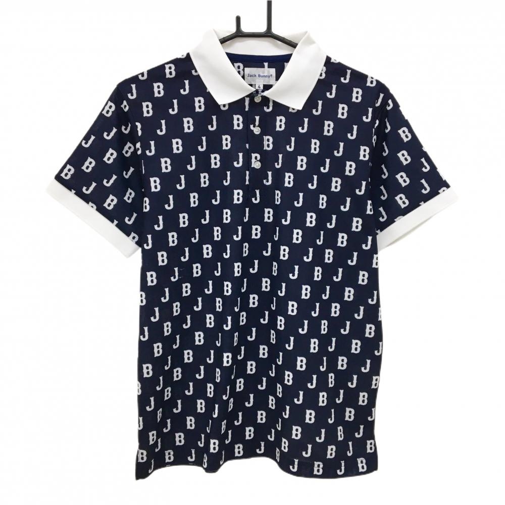 【新品】ジャックバニー 半袖ポロシャツ ネイビー×白 総柄 ロゴ メンズ 4(M) ゴルフウェア 2024年モデル Jack Bunny