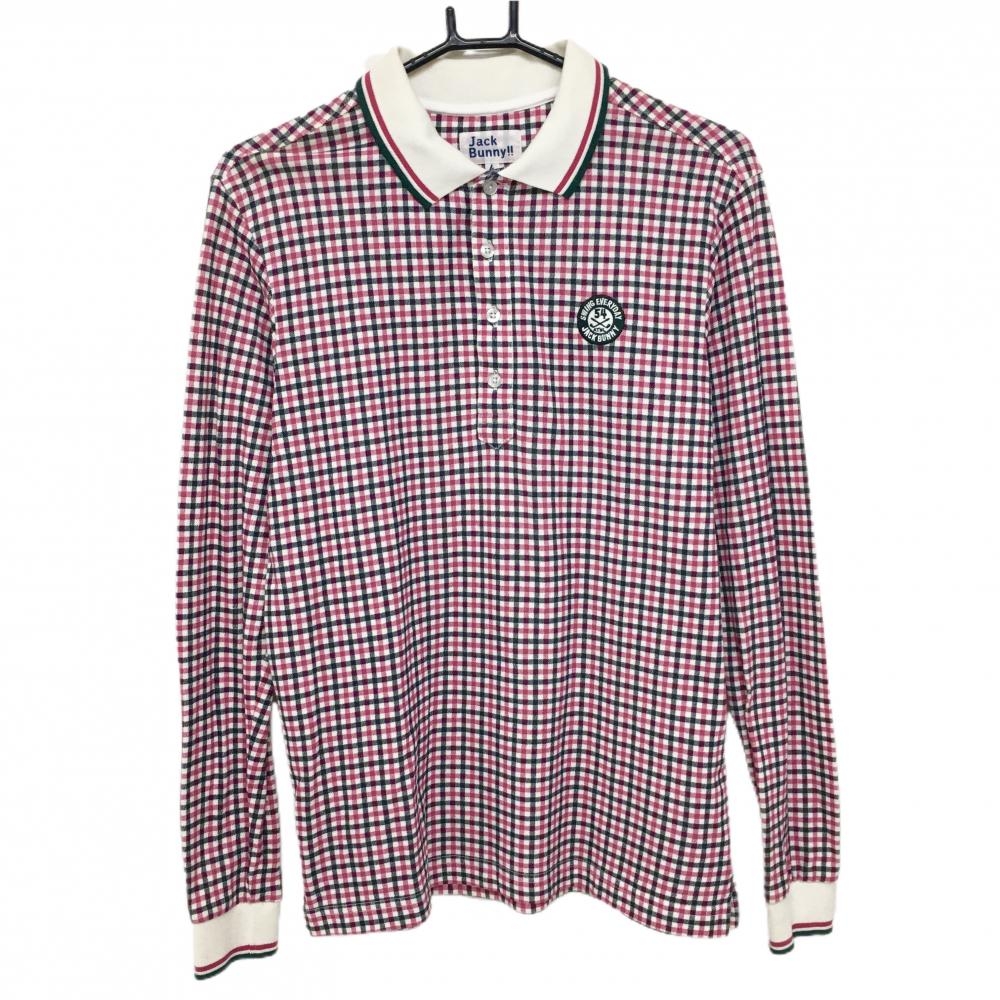 ジャックバニー 長袖ポロシャツ 白×ピンク チェック ロゴ刺しゅう  メンズ 4(M) ゴルフウェア Jack Bunny