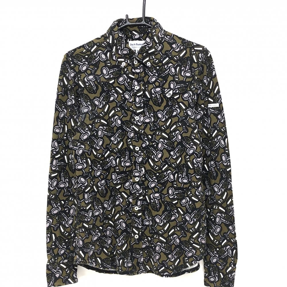 ジャックバニー 長袖シャツ カーキ×黒 車柄 ロゴシリコンワッペン  メンズ 5(L) ゴルフウェア Jack Bunny