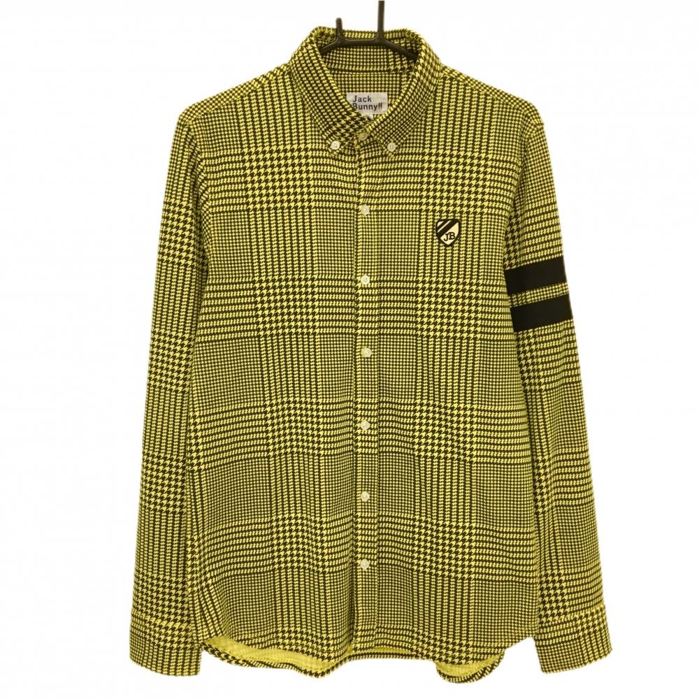ジャックバニー 長袖シャツ イエロー×黒 千鳥柄 ボタンダウン ロゴワッペン メンズ 5(L) ゴルフウェア Jack Bunny