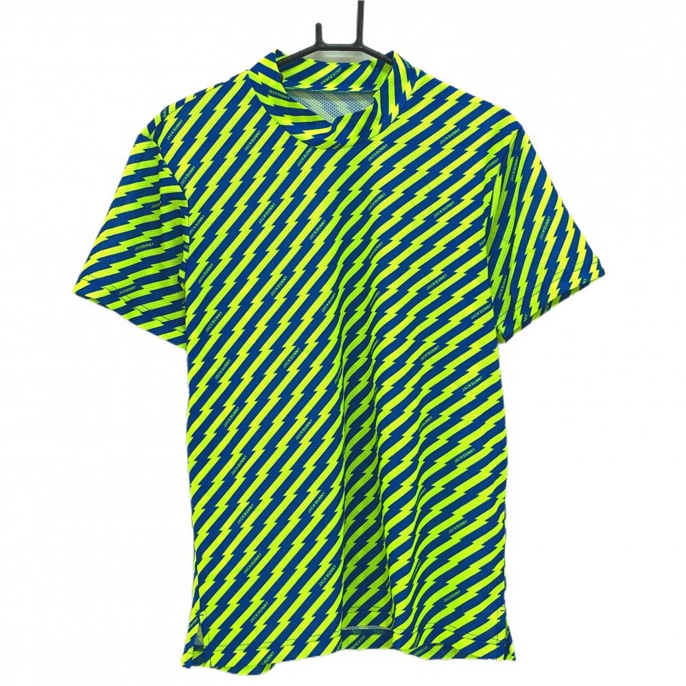 【超美品】ジャックバニー 半袖ハイネックシャツ イエロー×ブルー ギザギザストライプ ロゴ総柄  メンズ 5(L) ゴルフウェア Jack Bunny