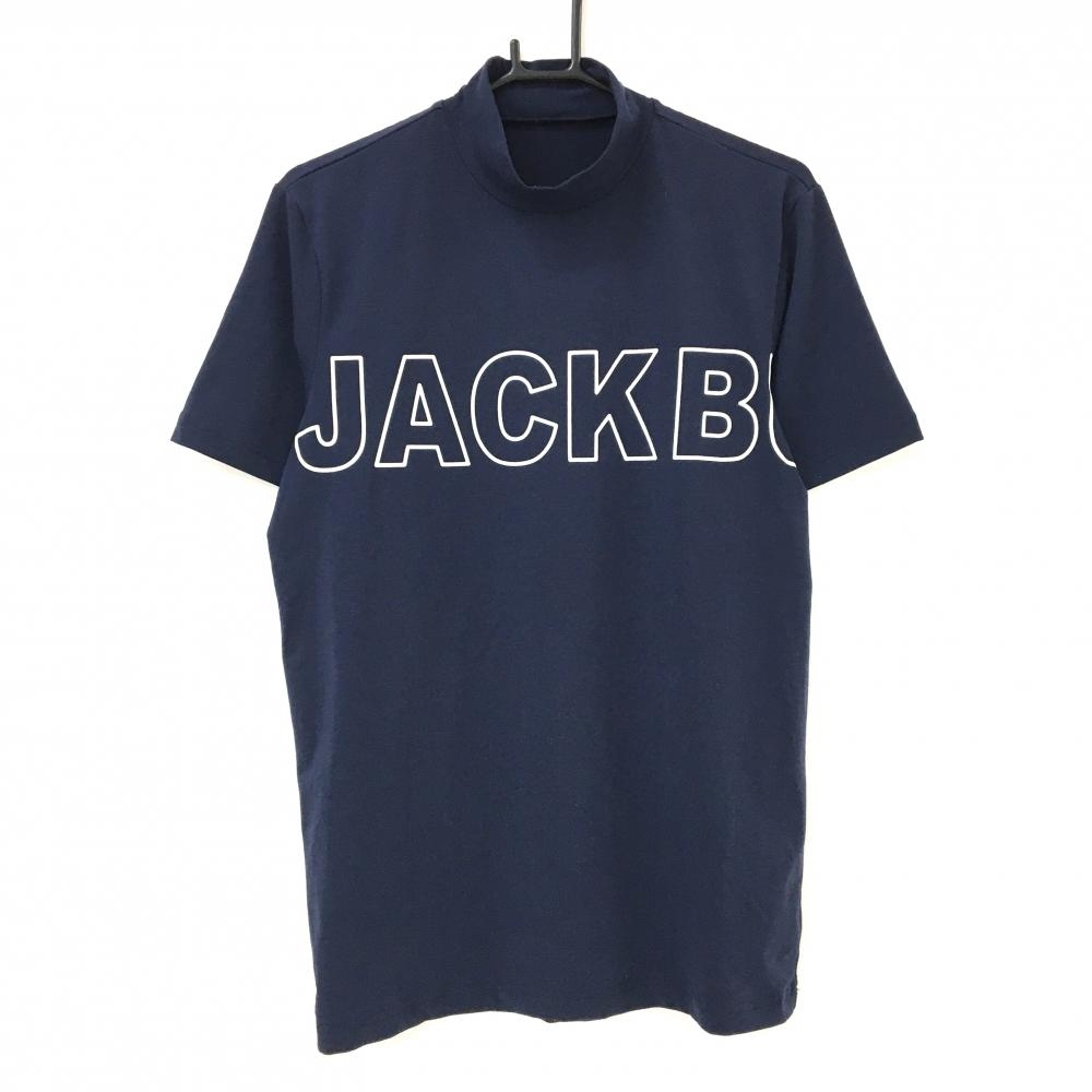 【美品】ジャックバニー 半袖ハイネックシャツ ネイビー×白 フロントロゴ ストレッチ メンズ 5(L) ゴルフウェア Jack Bunny