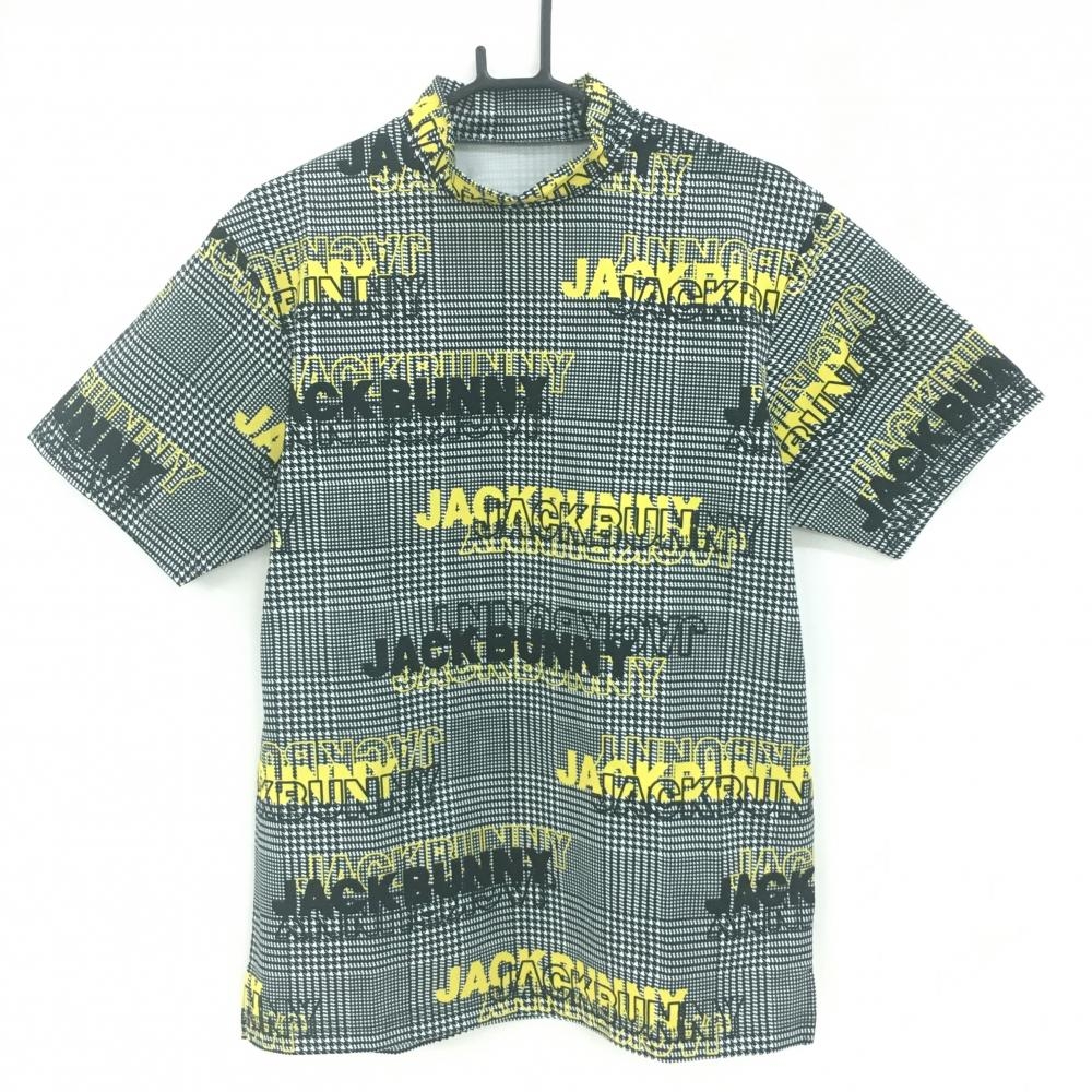 【超美品】ジャックバニー 半袖ハイネックシャツ 白×黒×イエロー グレンチェック ロゴ総柄 メンズ 6(XL) ゴルフウェア Jack Bunny
