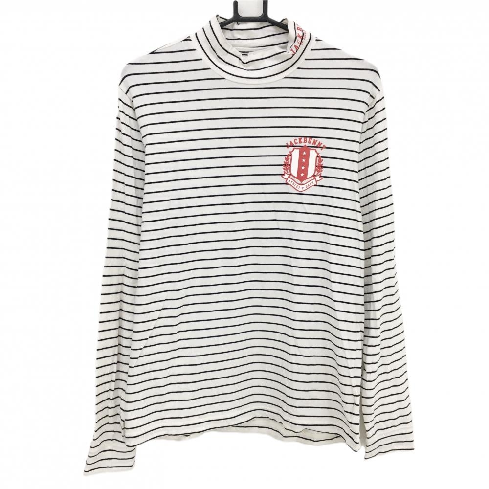 【美品】ジャックバニー 長袖ハイネックシャツ 白×黒 ボーダー ロゴレッド  メンズ 6(XL) ゴルフウェア Jack Bunny