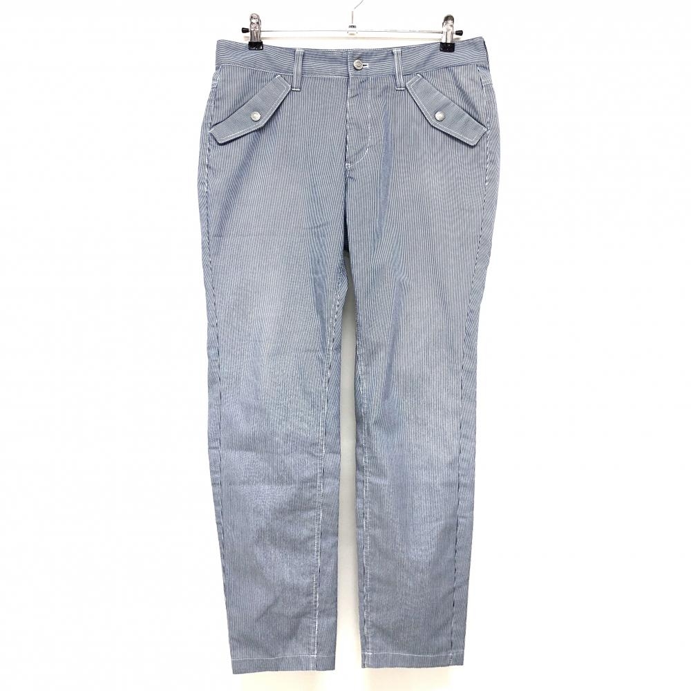 【美品】ジャックバニー パンツ 白×ネイビー 細ストライプ ストレッチ メンズ 5(L) ゴルフウェア Jack Bunny