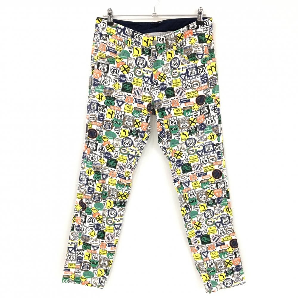 【美品】ジャックバニー パンツ 白×イエロー×マルチカラー 標識総柄 メンズ 4(M) ゴルフウェア Jack Bunny