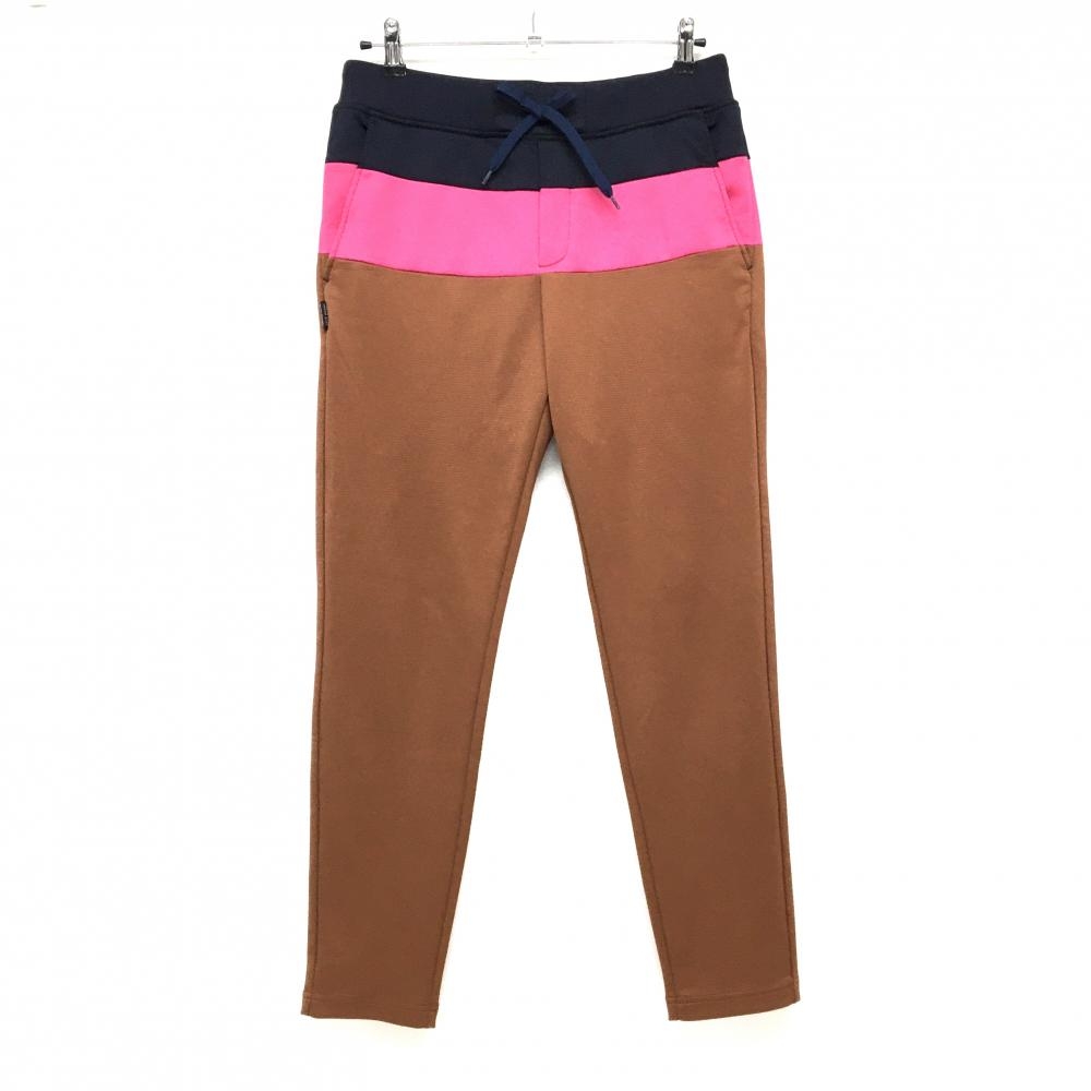 【美品】ジャックバニー パンツ ブラウン×ピンク×ネイビー 地模様 ウエストゴム 調節紐 メンズ 4(M) ゴルフウェア Jack Bunny