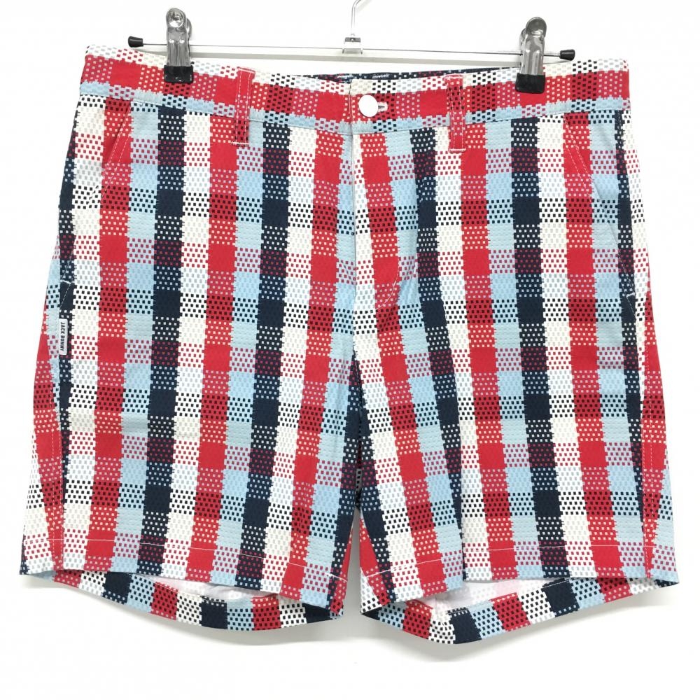 【超美品】ジャックバニー ハーフパンツ レッド×ネイビー ブロックチェック ストレッチ メンズ 5(L) ゴルフウェア Jack Bunny